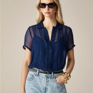 J.Crew Sheer Lace Trim Button-Up Shirt WMNS 00 Blue Dotted Cupro Crinkle Chiffon